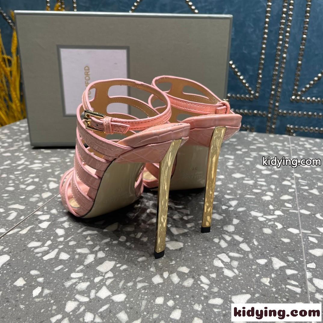 洗練された クロコエンボス レザー トムフォード サンダル コピー 10cm ハイヒール ピンク-4