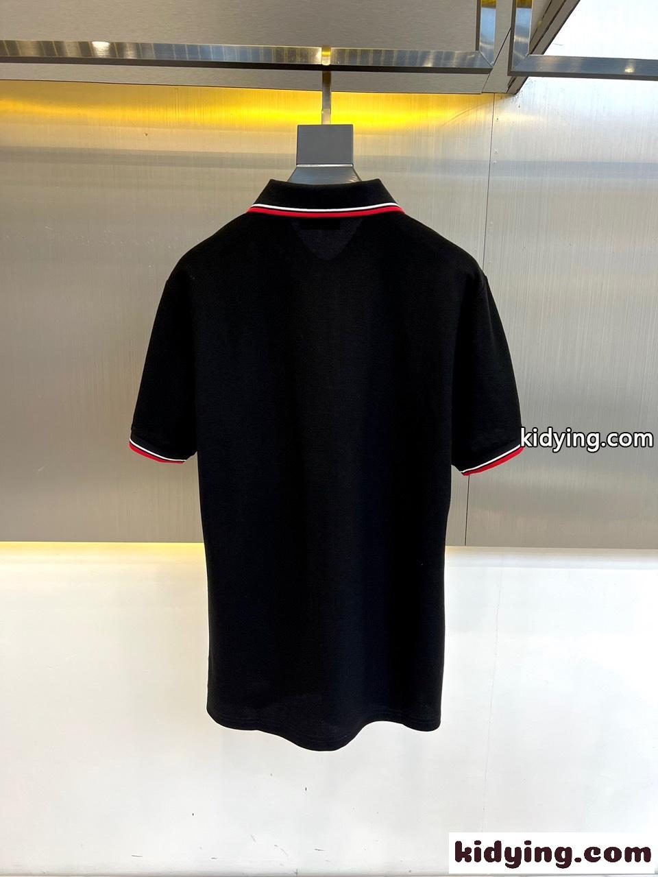 プラダ 半袖Tシャツ コピー トライアングルロゴ付 コットンピケ ポロシャツ ブラック-4