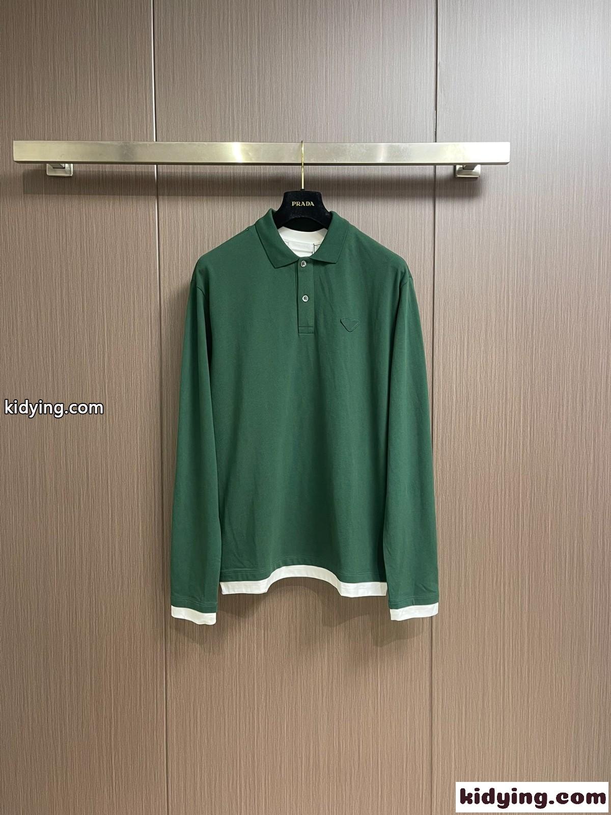 レイヤリング コットン ポロシャツ プラダ Tシャツ コピー ロングスリーブ グリーン-0