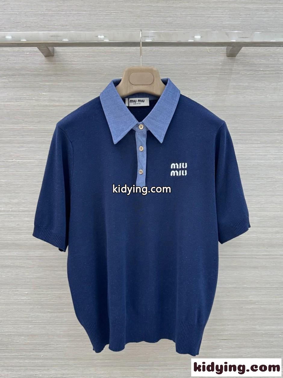 配色 切り替え ポロシャツ ミュウミュウ Tシャツ コピー ブルー-2