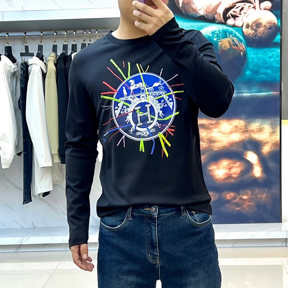 秋冬 裏起毛 プリント コットン 長袖Tシャツ エルメス Tシャツ コピー ブラック-4
