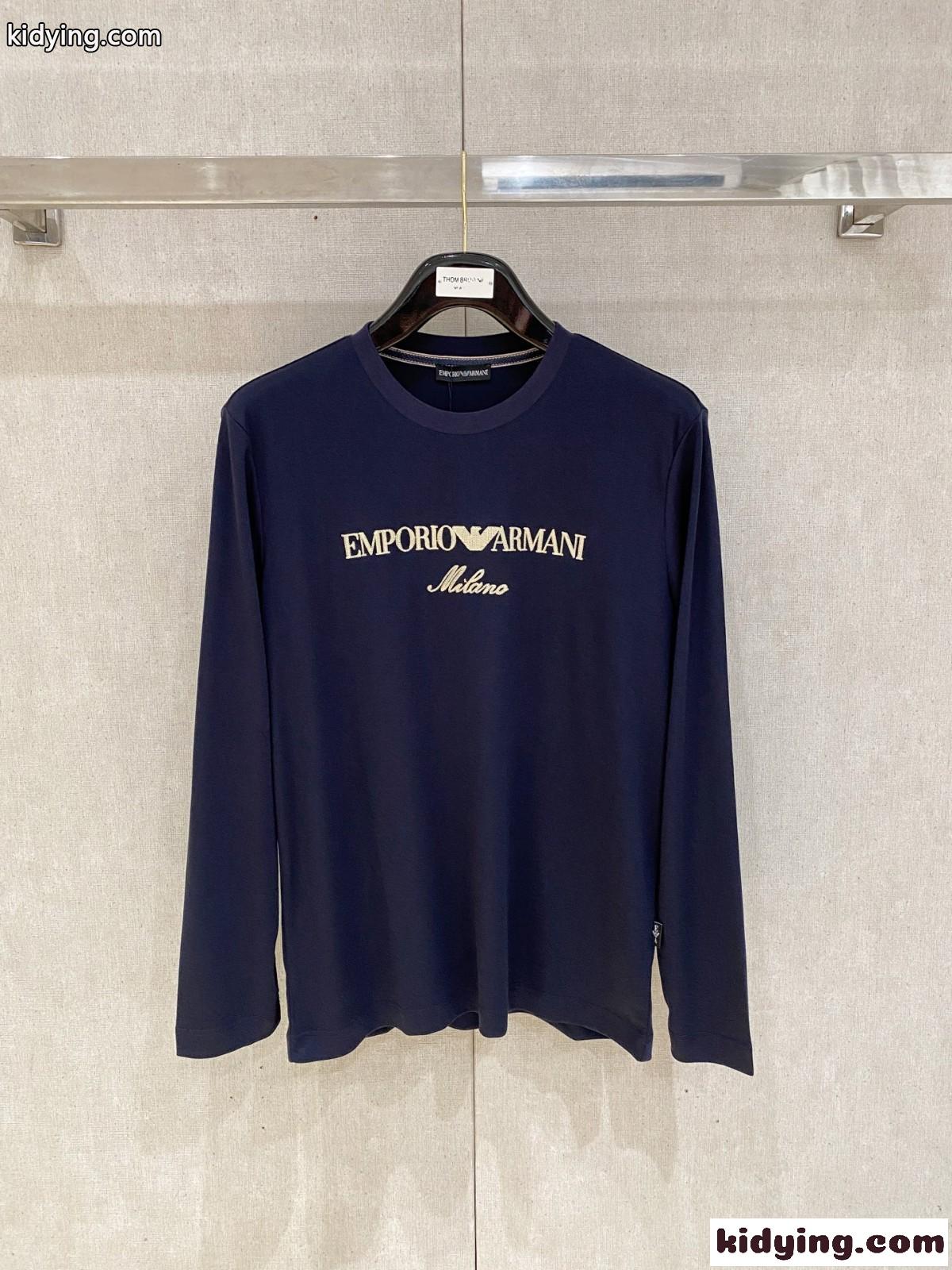 定番 合わせやすい ロゴ 長袖Tシャツ アルマーニ Tシャツ 偽物 コットン ブルー-1