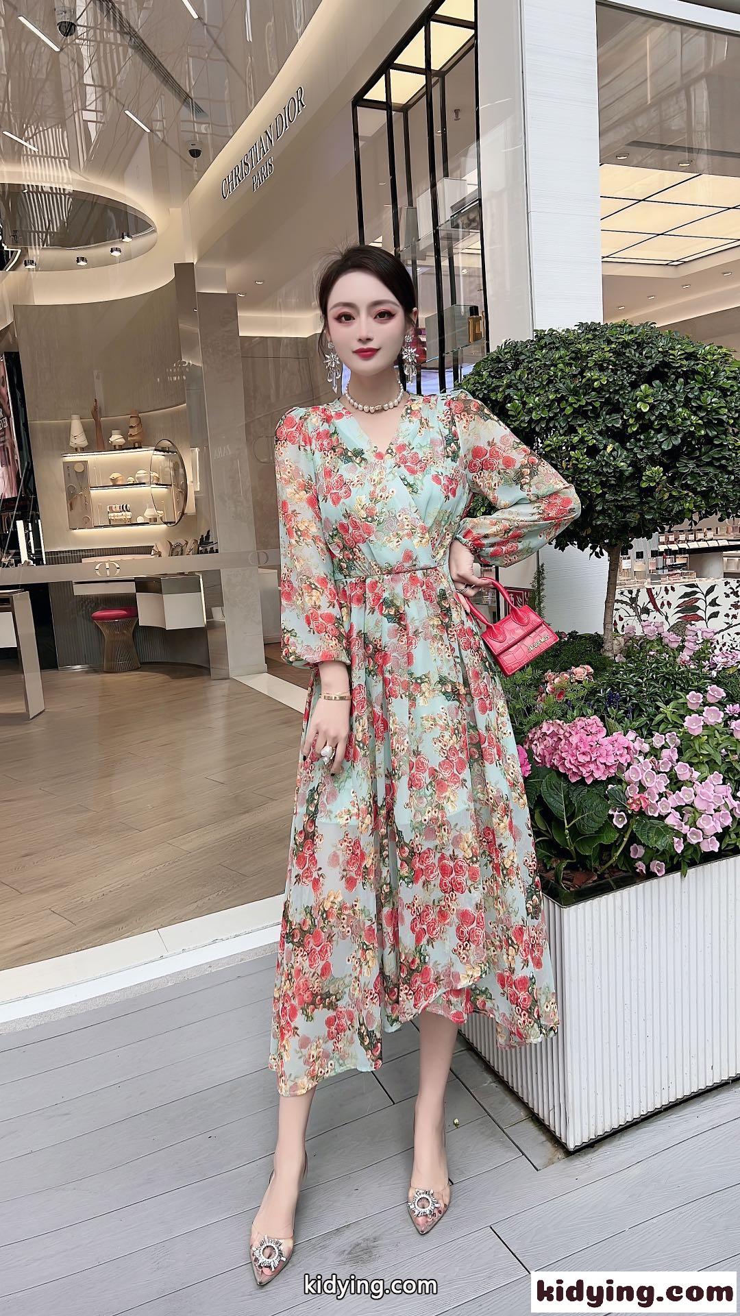 レディース おしゃれ Vネック シフォン ヴァレンティノ ワンピース コピー ハイウエスト 花柄ワンピース ロングワンピース-1