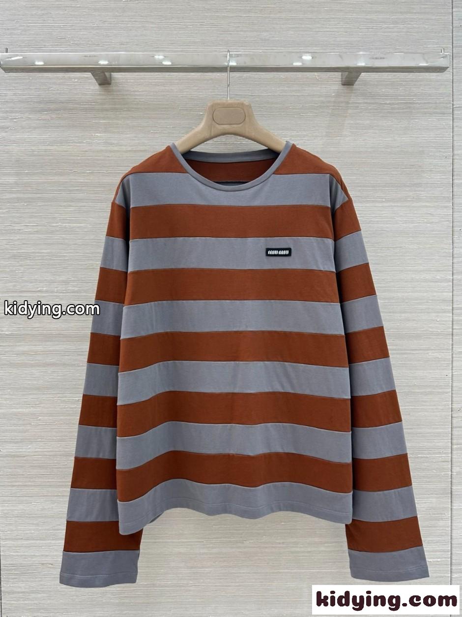 ボーダー柄 コットン 長袖Tシャツ ミュウミュウ Tシャツ コピー カジュアル-0