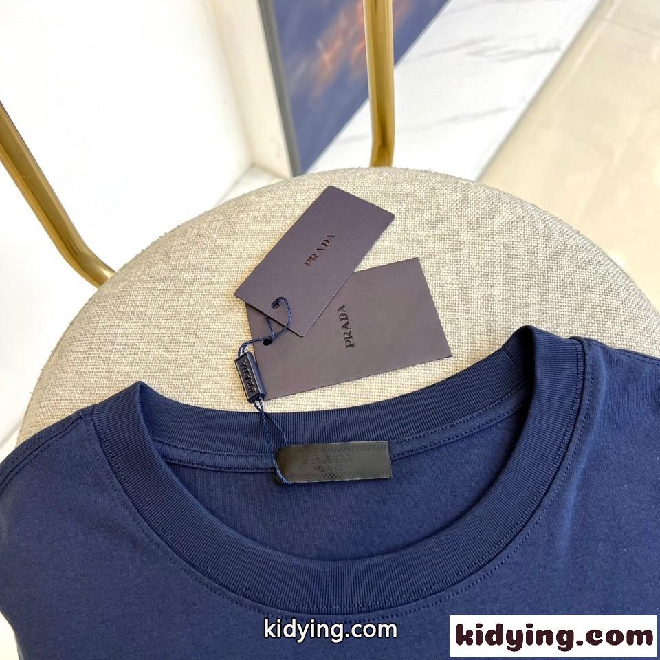 シンプル ロゴ入り コットン 半袖Tシャツ プラダ Tシャツ コピー ブルー-1