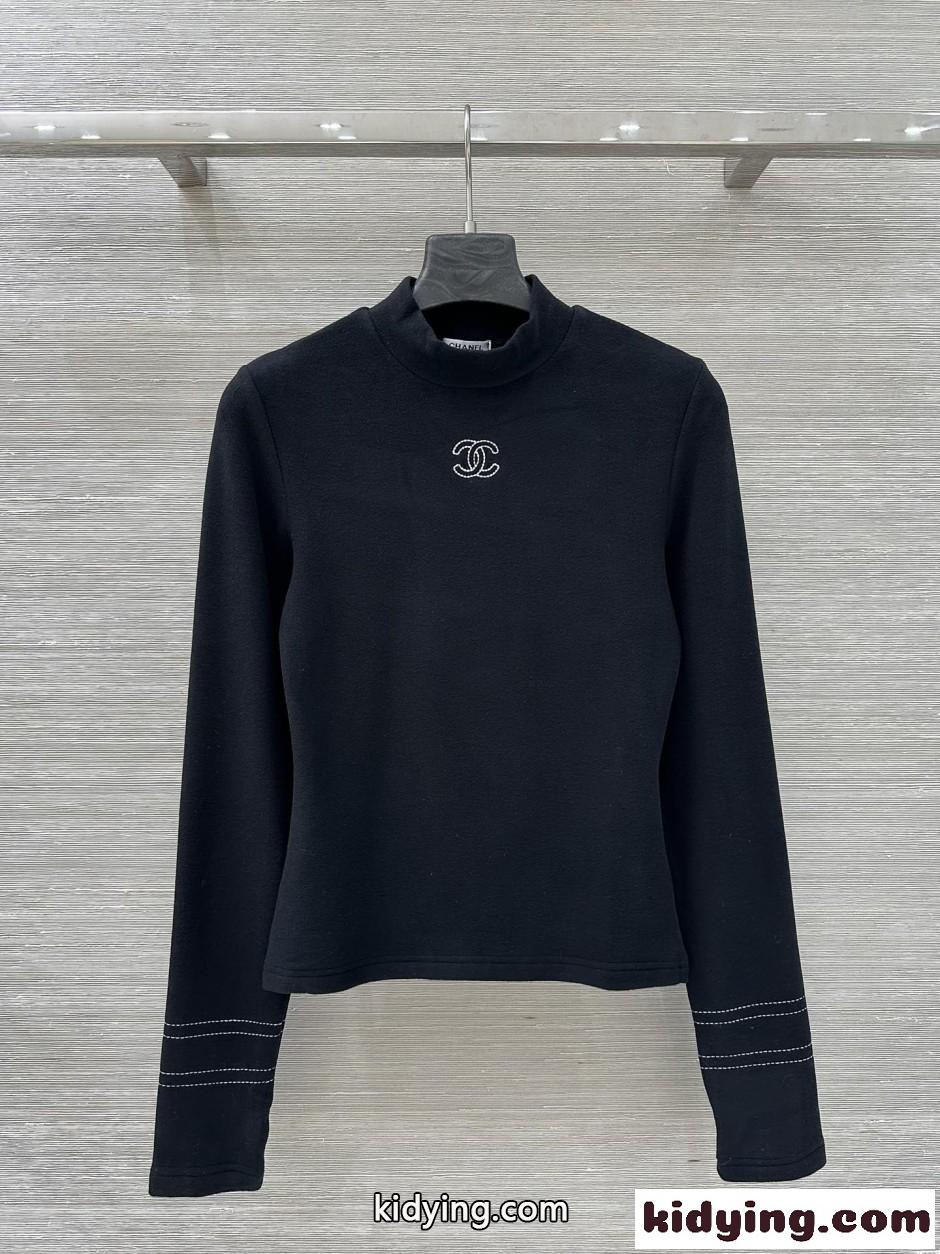 シンプル 洗練された モックネック トップス シャネル Tシャツ 偽物 ブラック-2