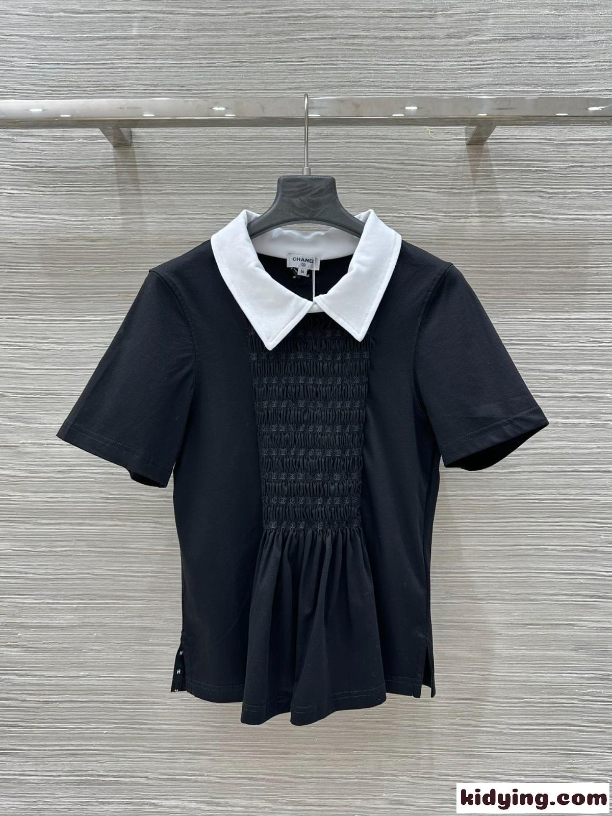 バイカラーの襟が上品♪可愛い シャネル Tシャツ コピー 半袖 トップス ブラック-2