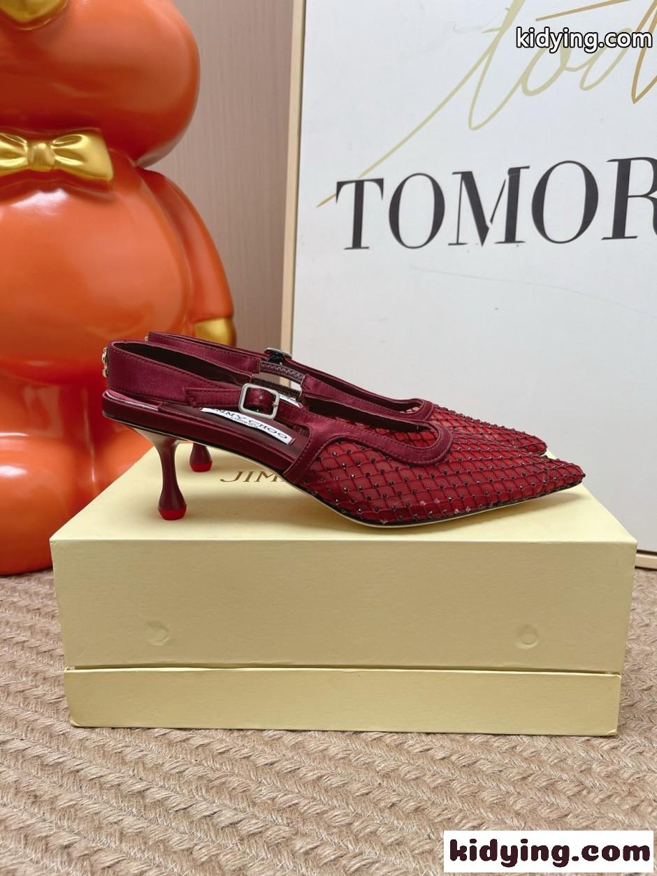 メッシュ ラインストーン バックストラップ パンプス ジミーチュウ コピー ボルドー-1