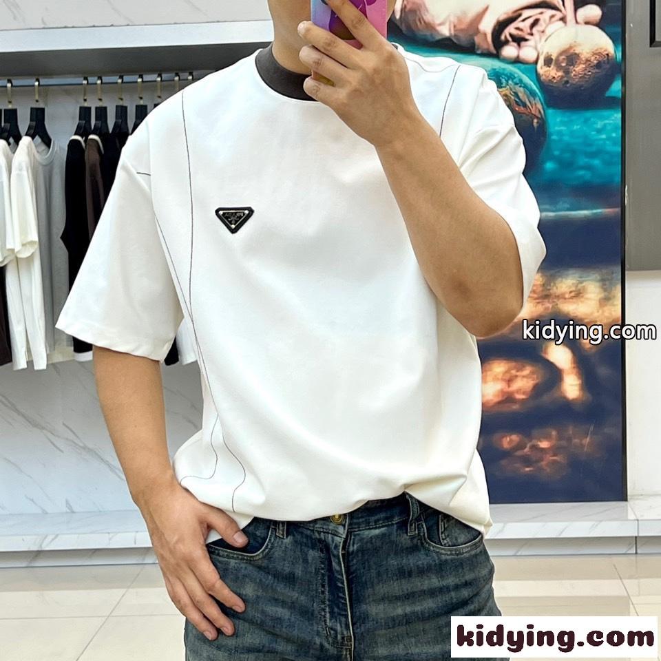 カジュアル リラックス クルーネック プラダ Tシャツ 偽物 コットン ホワイト-2