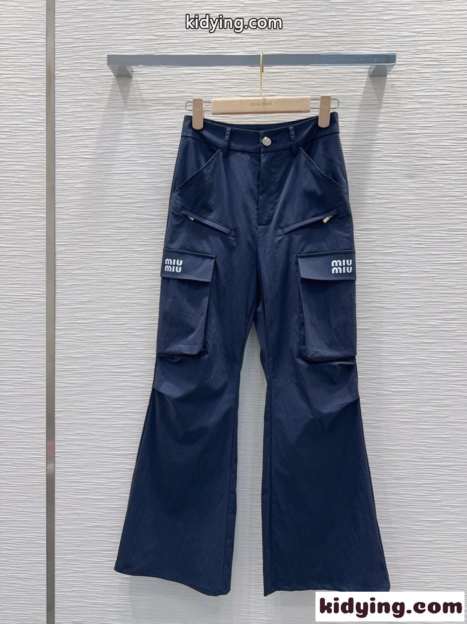 ミュウミュウ パンツ コピー ロゴ入り カーゴ フレアパンツ ネイビー-2