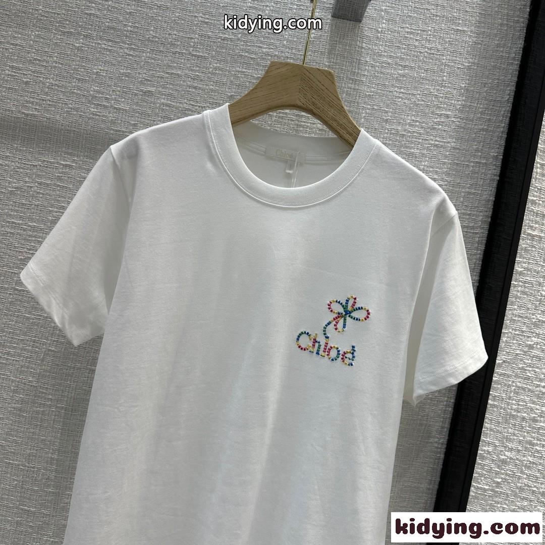 カジュアル 刺繍入り 半袖Tシャツ クロエ Tシャツ コピー ホワイト-1