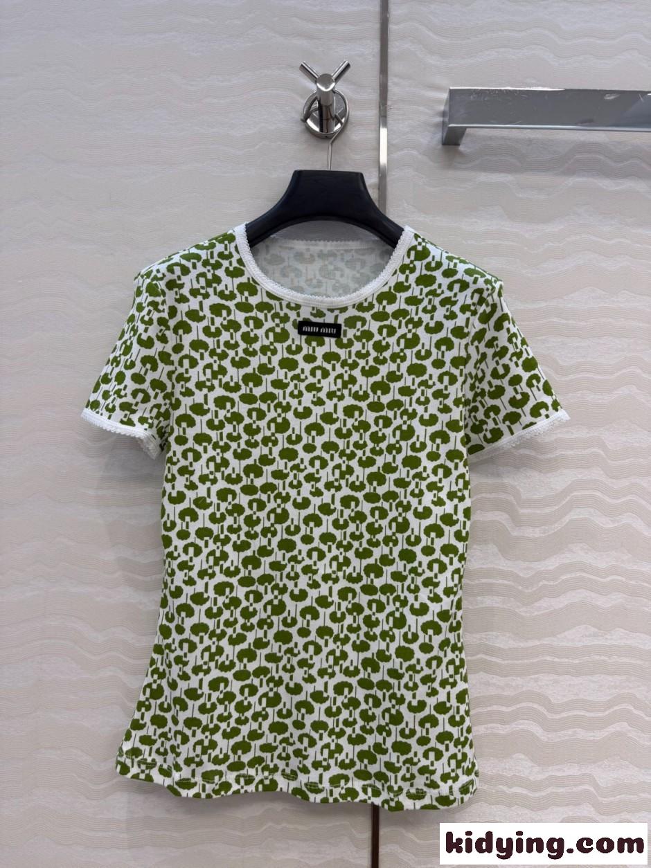 総柄プリント コットン 半袖Tシャツ ミュウミュウ Tシャツ コピー グリーン-0