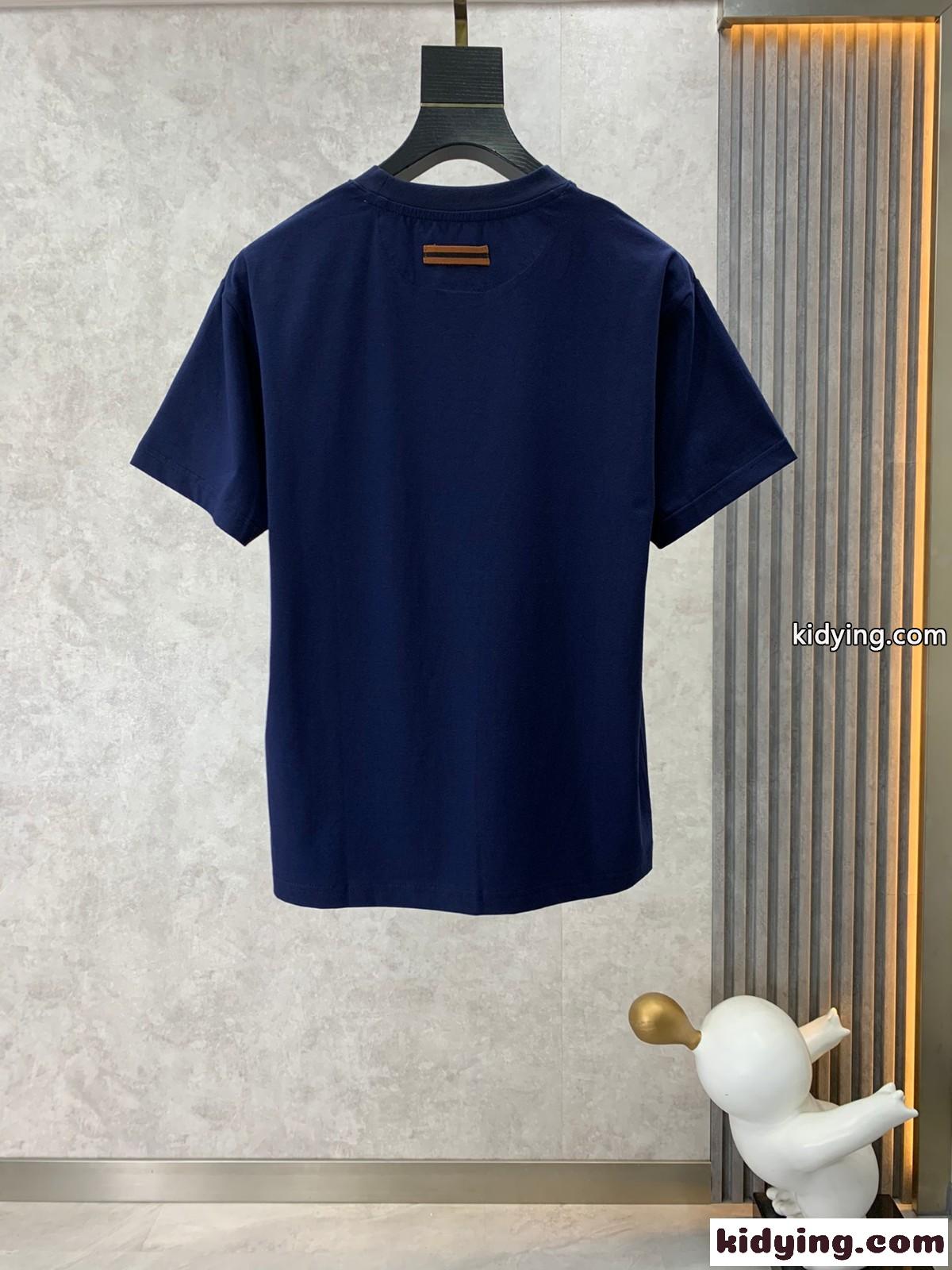 ベーシック シンプル ロゴ クルーネック 半袖Tシャツ エルメネジルド・ゼニア Tシャツ コピー ブルー-1