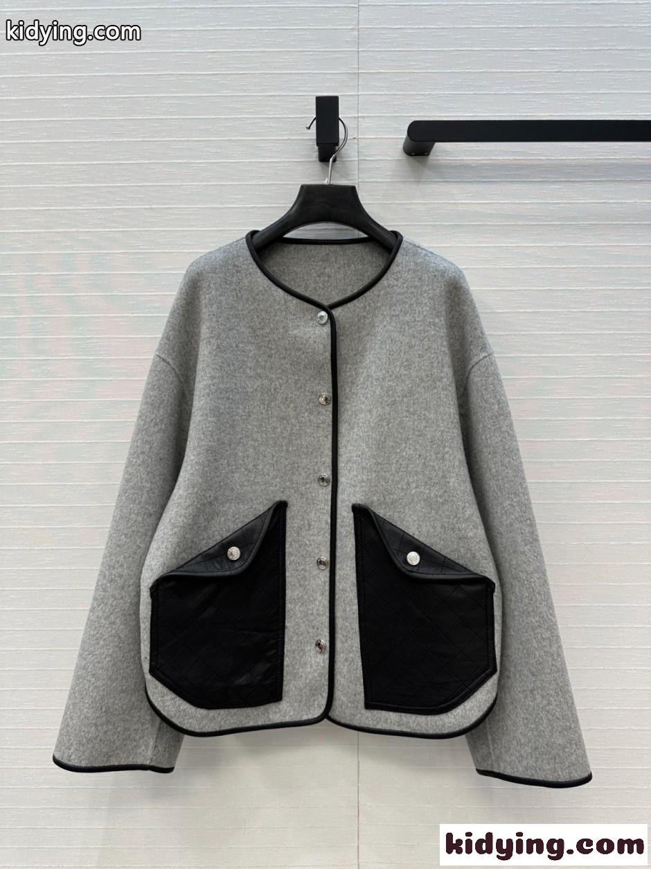 ウールブレンド ノーカラージャケット エルメス ジャケット コピー グレー-0
