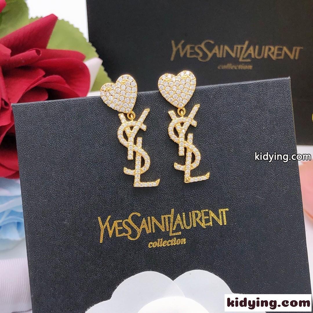 キラキラ ラインストーン YSL モノグラム ハート イヴ・サンローラン ピアス コピー-2