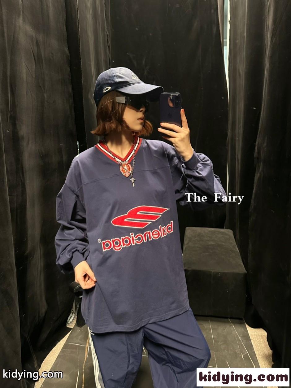 Vネック オーバーサイズ ロングTシャツ バレンシアガ Tシャツ コピー ブルー-4