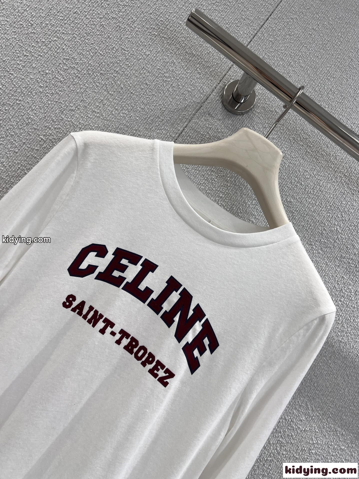 ベーシック カレッジロゴ 長袖Tシャツ セリーヌ Tシャツ 偽物 コットン ホワイト-1