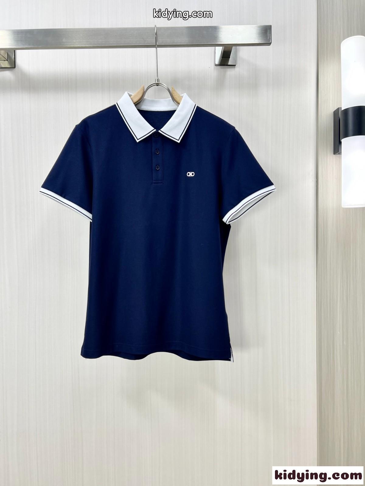洗練された カジュアル ポロシャツ サルヴァトーレ・フェラガモ Tシャツ 偽物 ネイビー-0