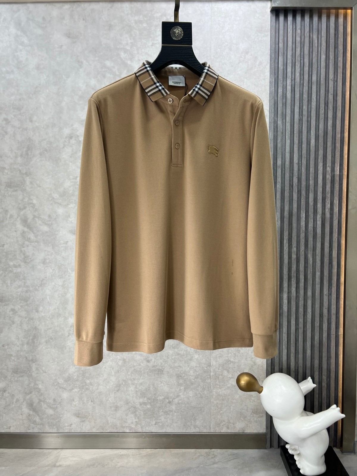 チェックカラー ロングスリーブ ポロシャツ バーバリー Tシャツ コピー カーキ-0