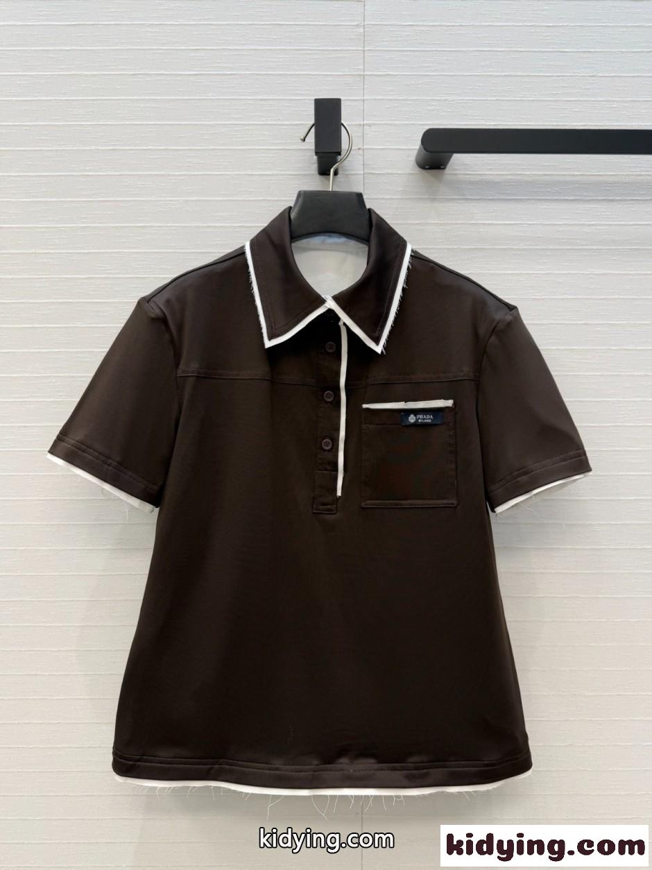 プラダ Tシャツ 偽物 カジュアル 配色 ポロシャツ コットン混 ダークブラウン-0