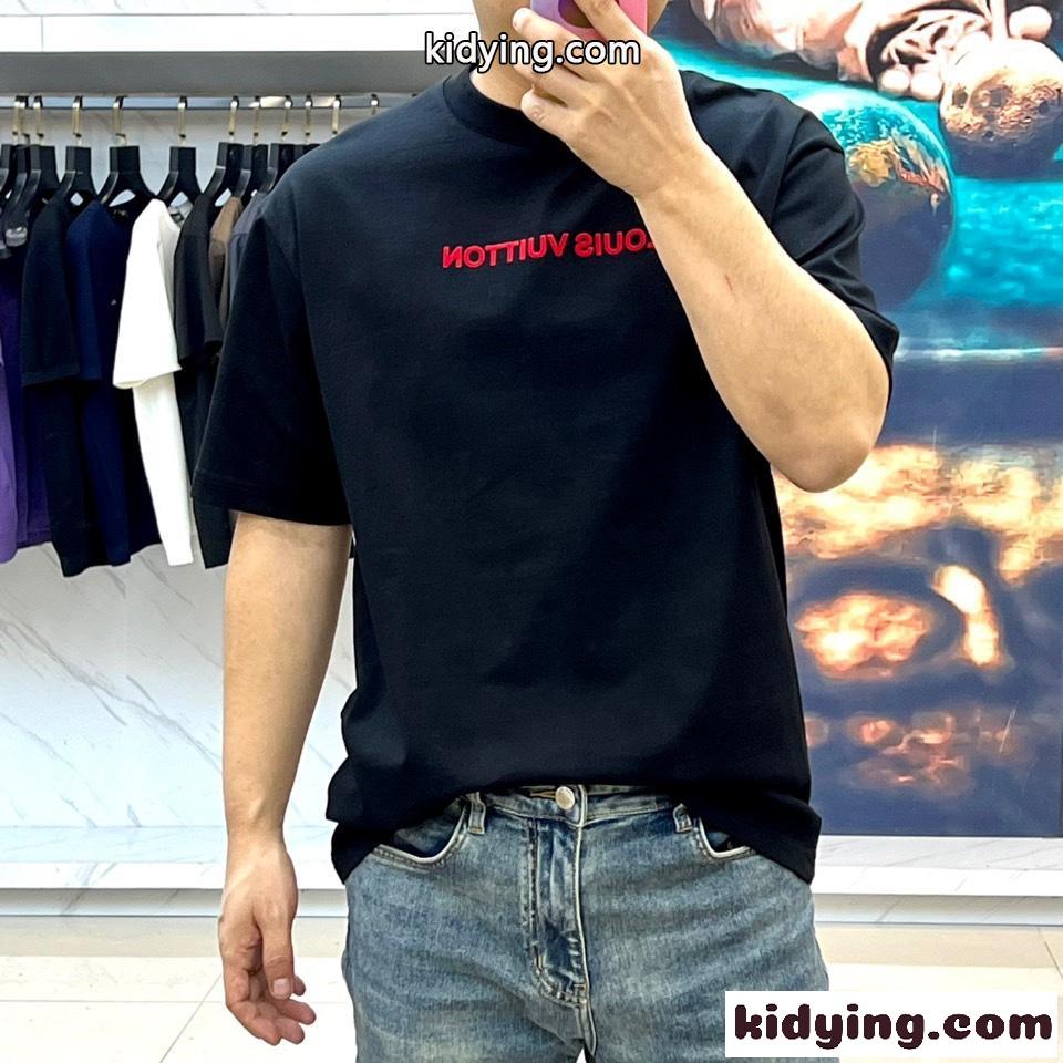 カジュアル シンプル コットン 半袖Tシャツ ルイ・ヴィトン Tシャツ コピー ブラック-1