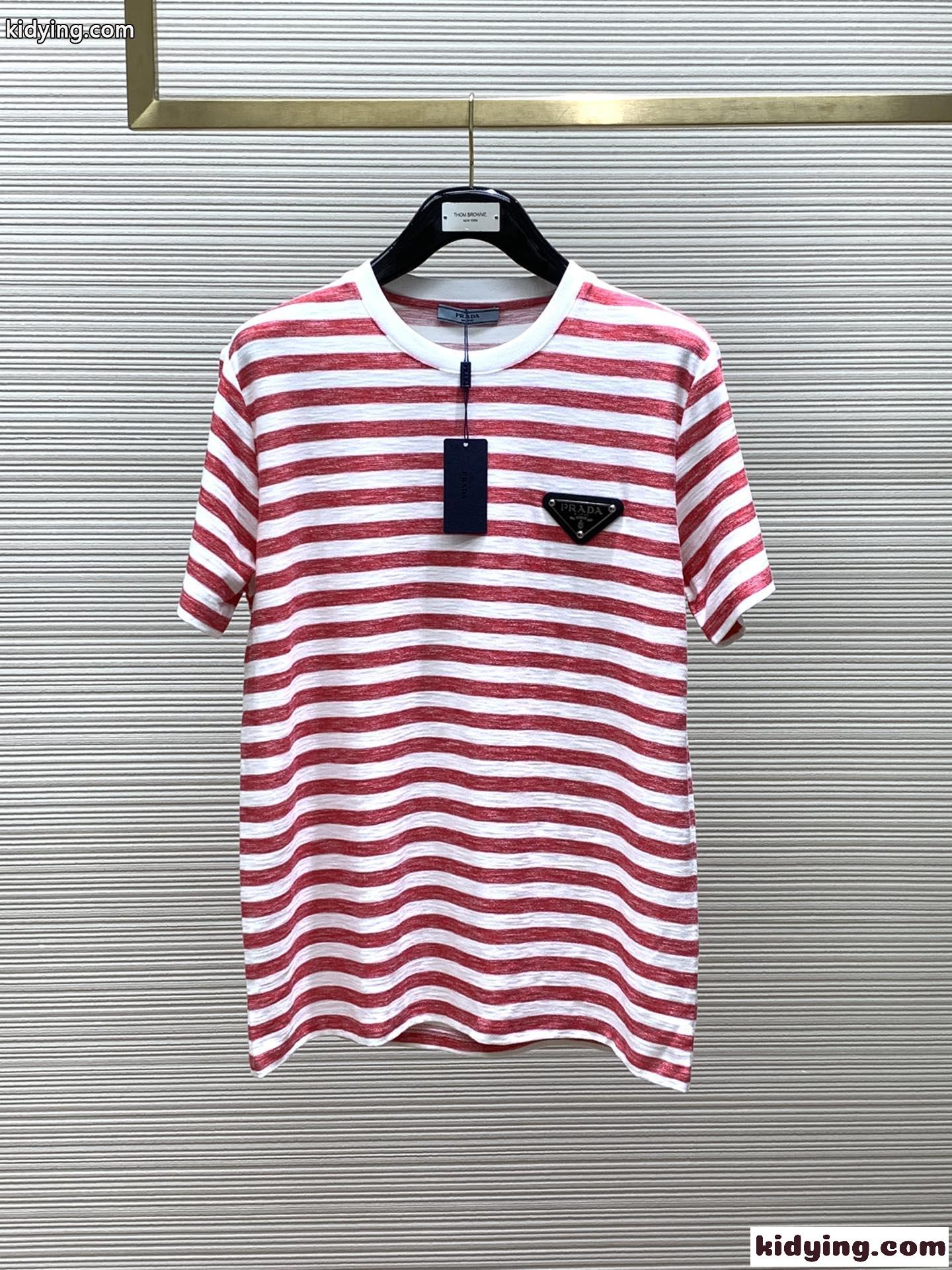 定番 カジュアル プラダ Tシャツ コピー ストライプ 半袖Tシャツ-1