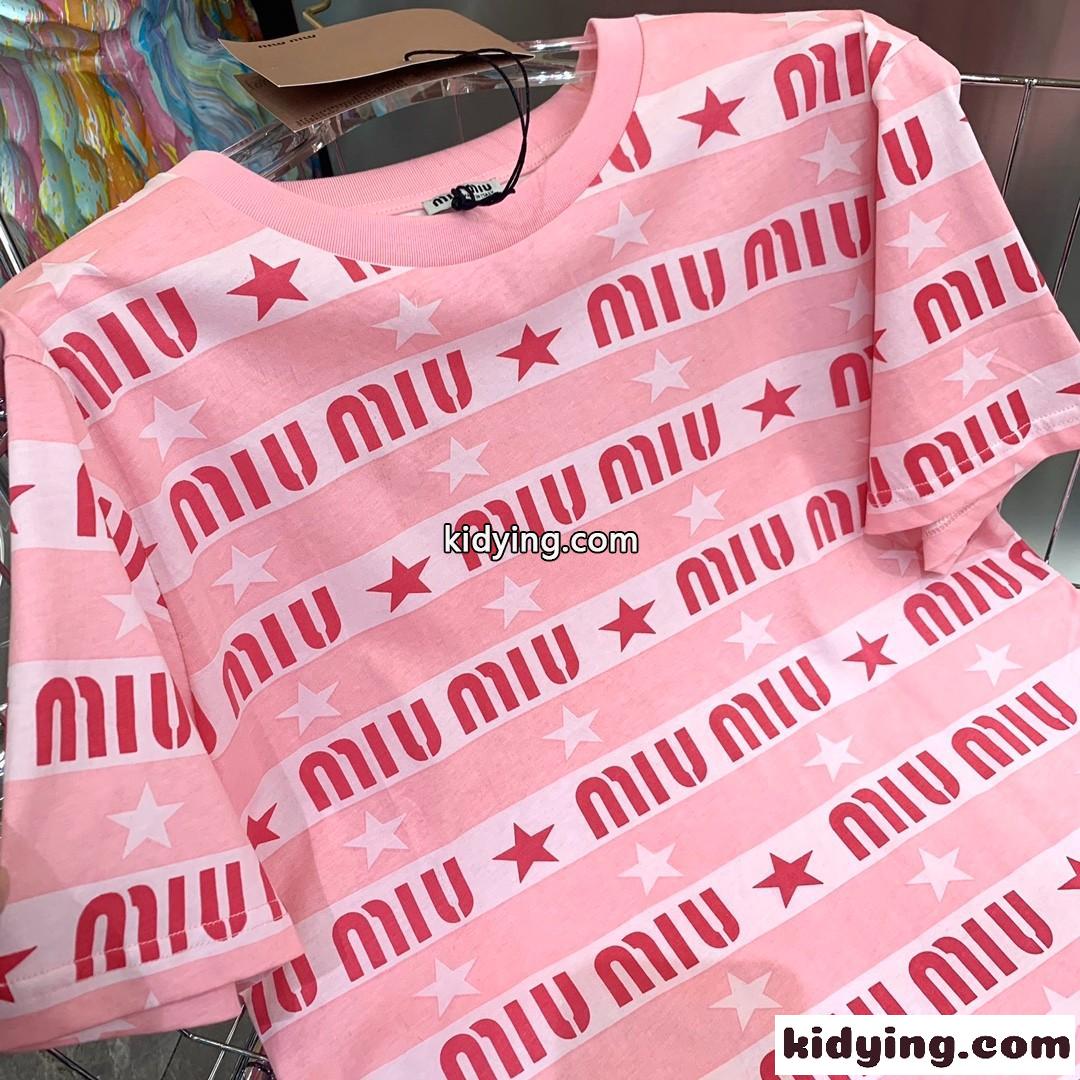 可愛い ロゴプリント ラウンドネック おしゃれ プルオーバー ミュウミュウ 半袖tシャツ コピー ピンク バイカラー-3