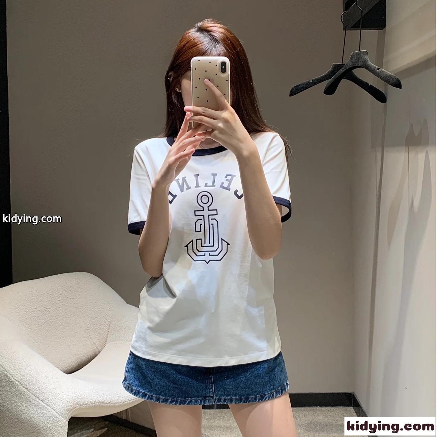 カジュアル コットン 半袖Tシャツ セリーヌ Tシャツ コピー クルーネック ホワイト-0