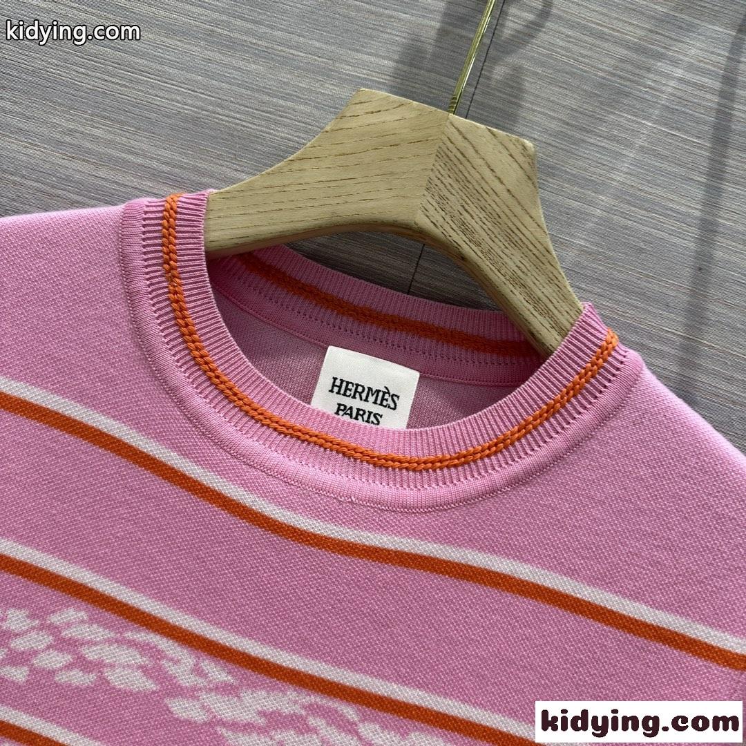 1枚でオシャレ シェーヌダンクルモチーフ 半袖ニット エルメス Tシャツ コピー エレガント ピンク-1