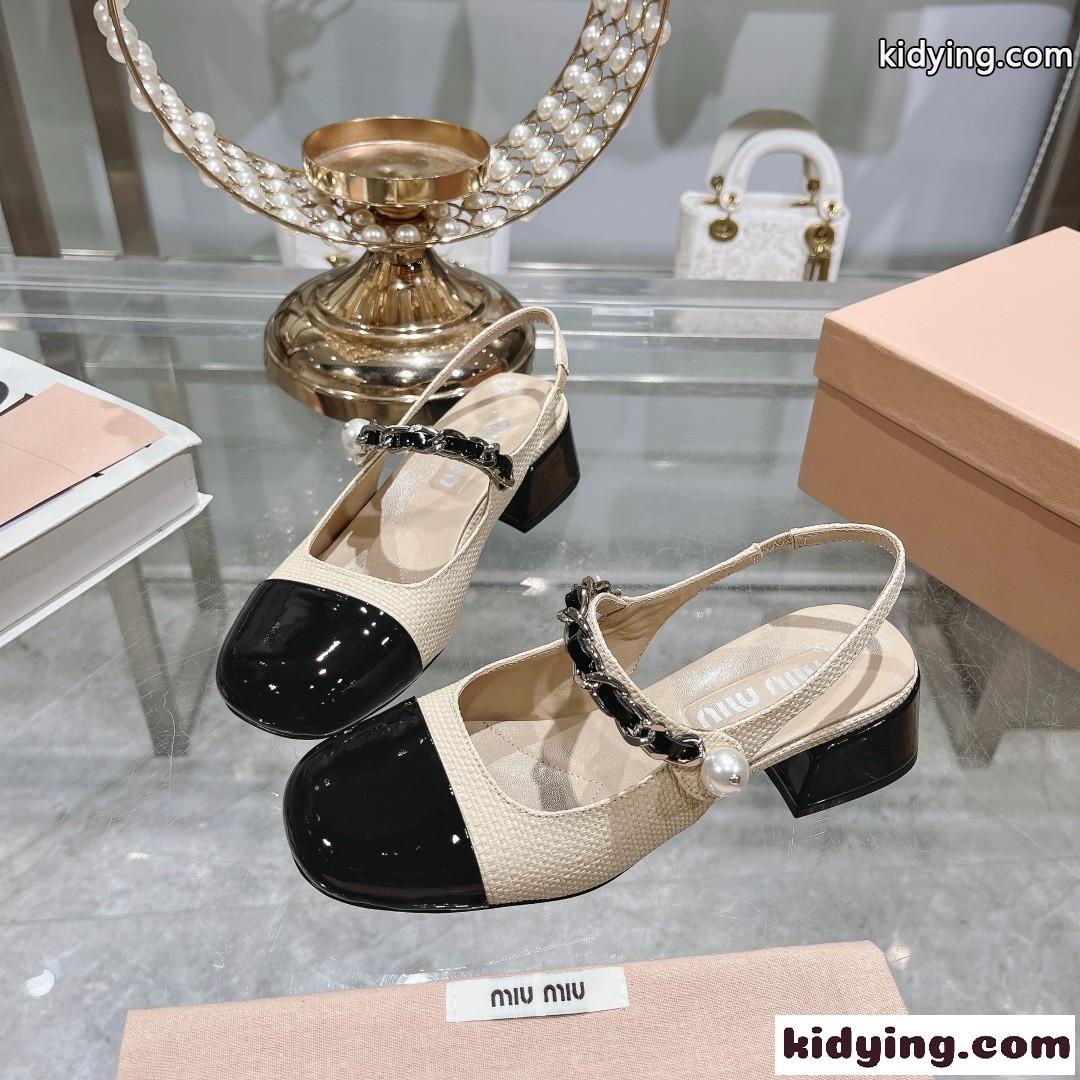 パテントレザーxラフィア スリングバック パンプス ミュウミュウ パンプス スーパーコピー-1