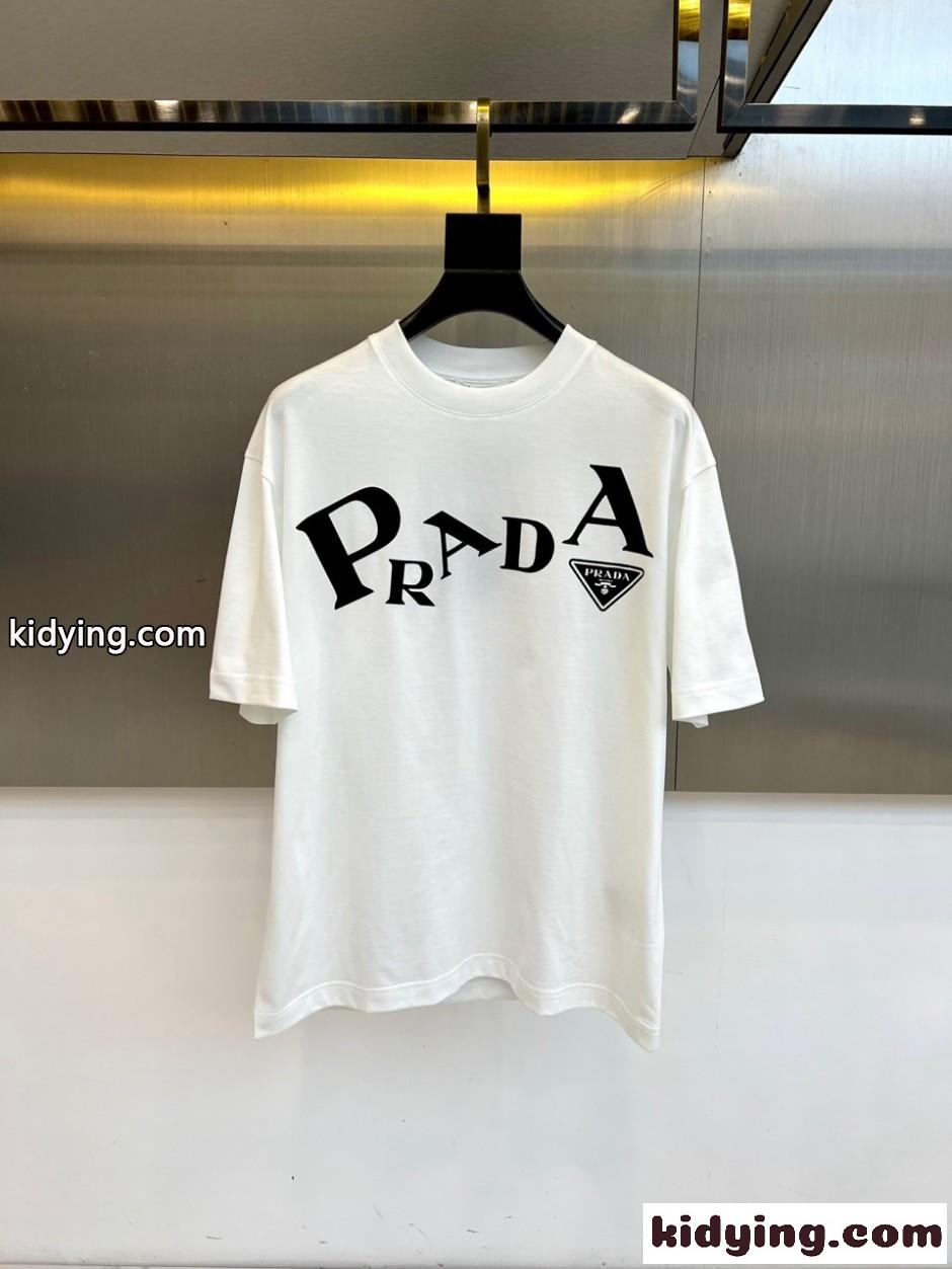 シンプル ロゴプリント 半袖Tシャツ プラダ Tシャツ 偽物 クルーネック ホワイト-1