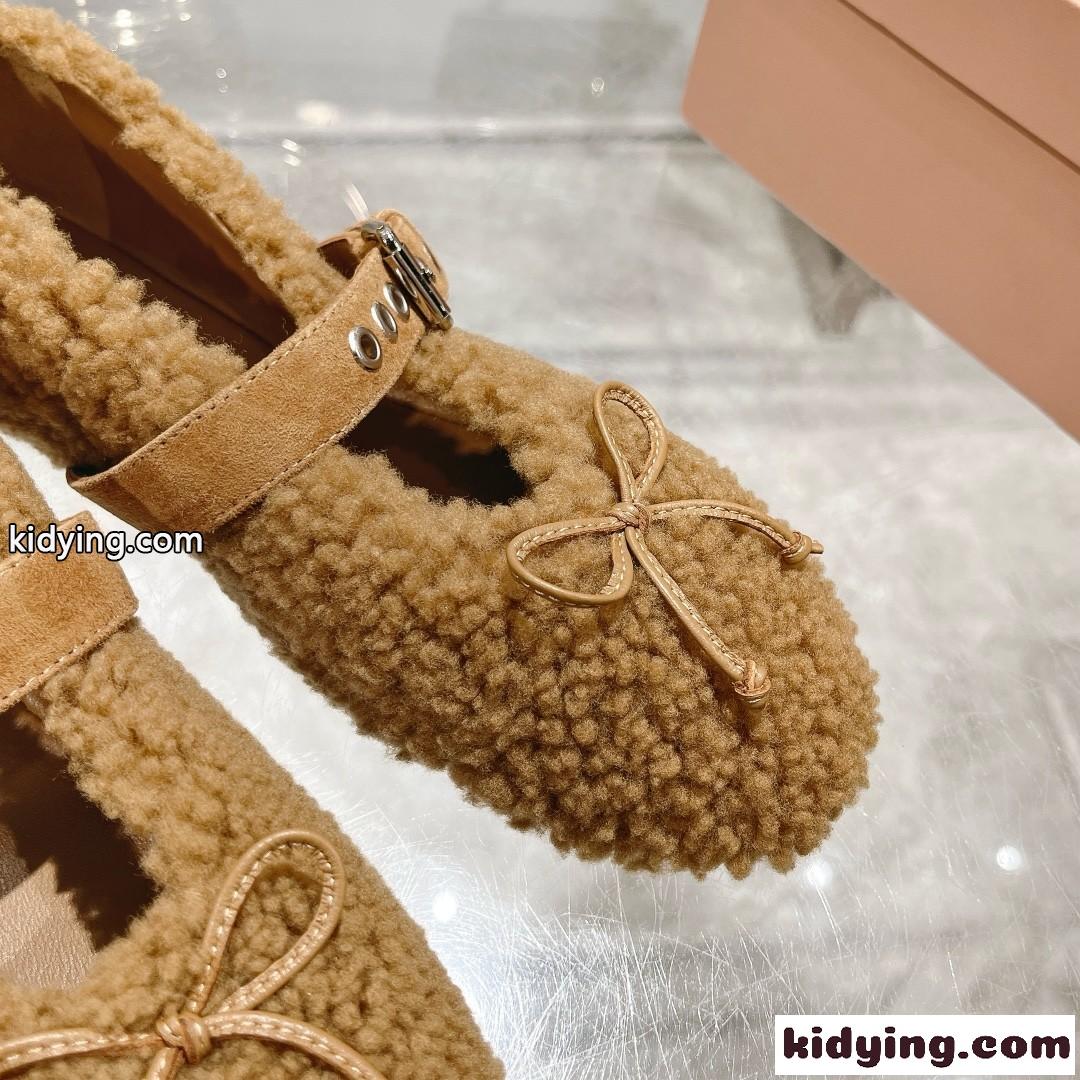シープスキン フラット バレリーナシューズ ミュウミュウ シューズ スーパーコピー キャメル-4