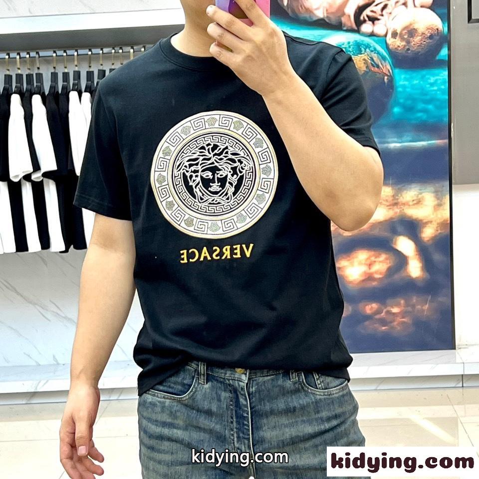 刺繍入り コットン 半袖Tシャツ ヴェルサーチェ Tシャツ 偽物 クルーネック ブラック-2