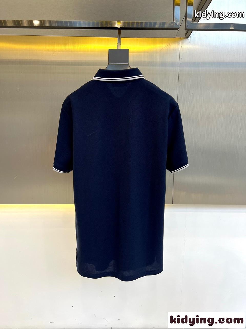 プラダ 半袖Tシャツ コピー トライアングルロゴ付 コットンピケ ポロシャツ ネイビー-5