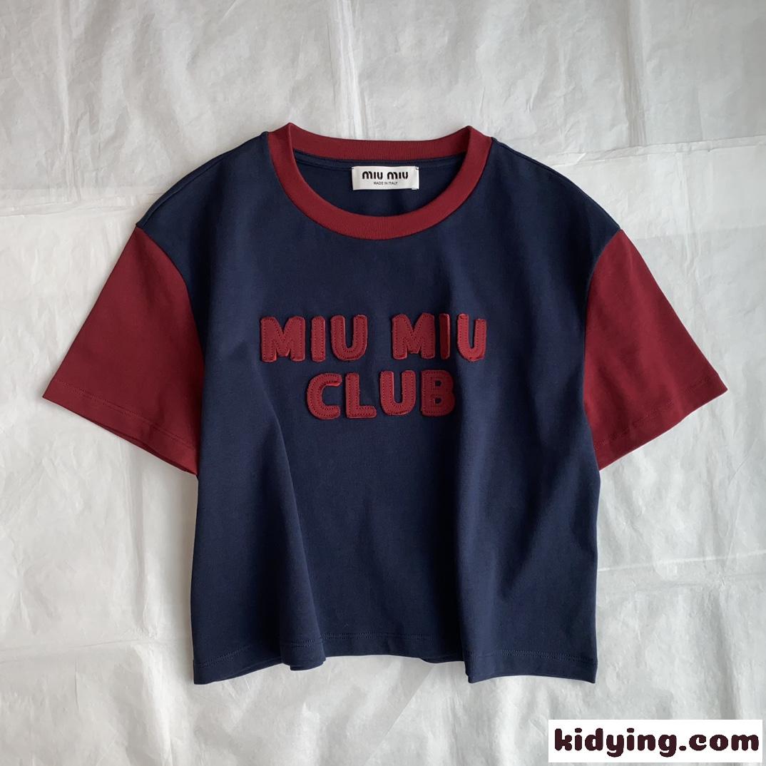 刺繍ロゴ入り ジャージー 半袖Tシャツ ミュウミュウ Tシャツ コピー クロップド丈-1