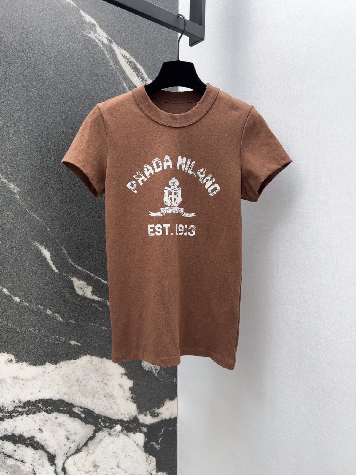 プリント入り コットン 半袖Tシャツ プラダ Tシャツ コピー クルーネック ブラウン-0