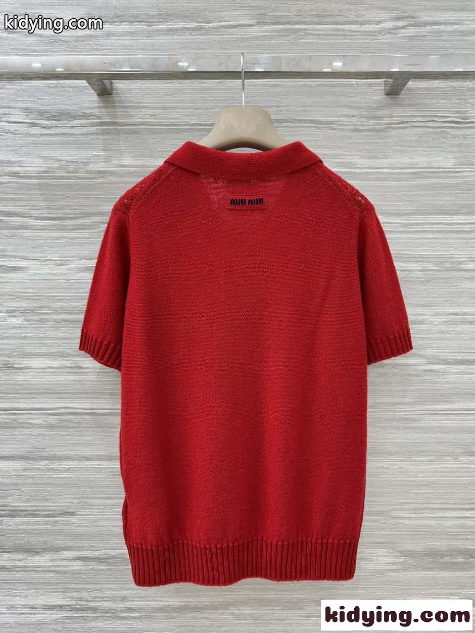 爽やか 春夏 カシミヤ 半袖 ニットポロ ミュウミュウ ニット コピー レッド-4