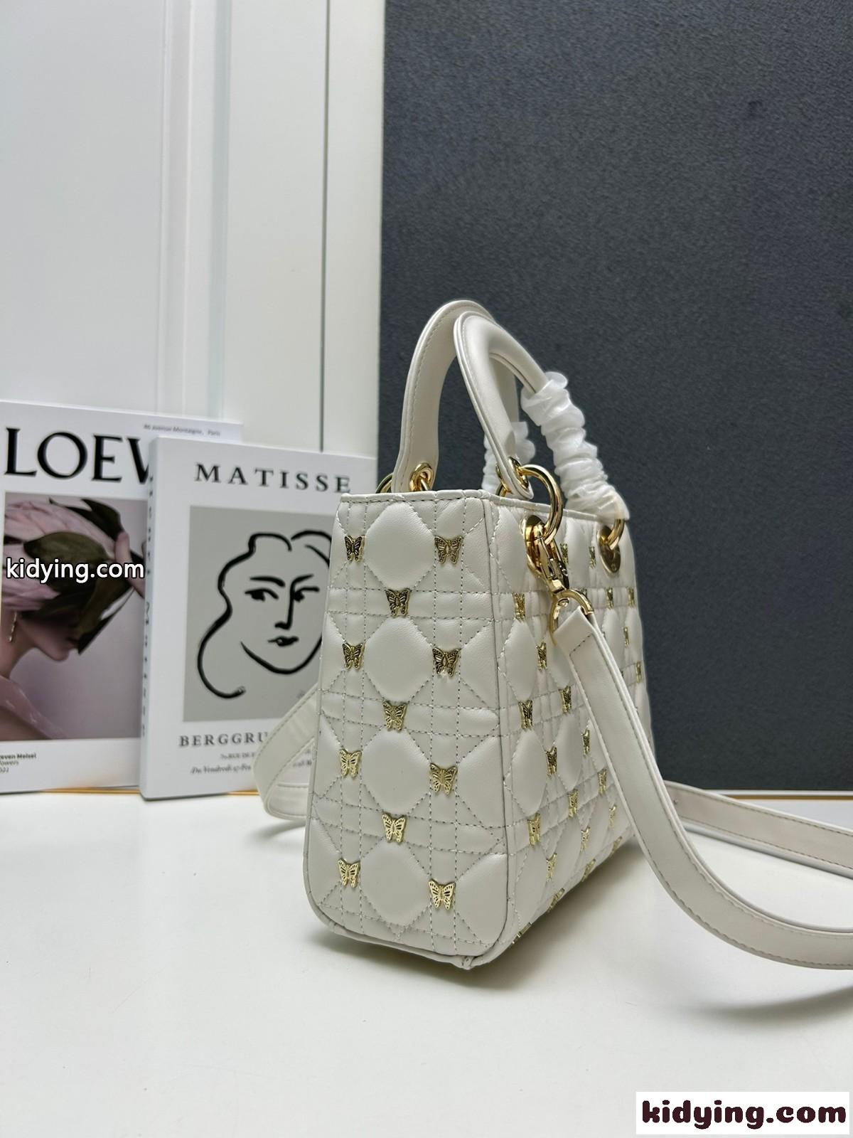 バタフライスタッズ カナージュ LADY DIOR スモール ハンドバッグ 偽物 ホワイト-3