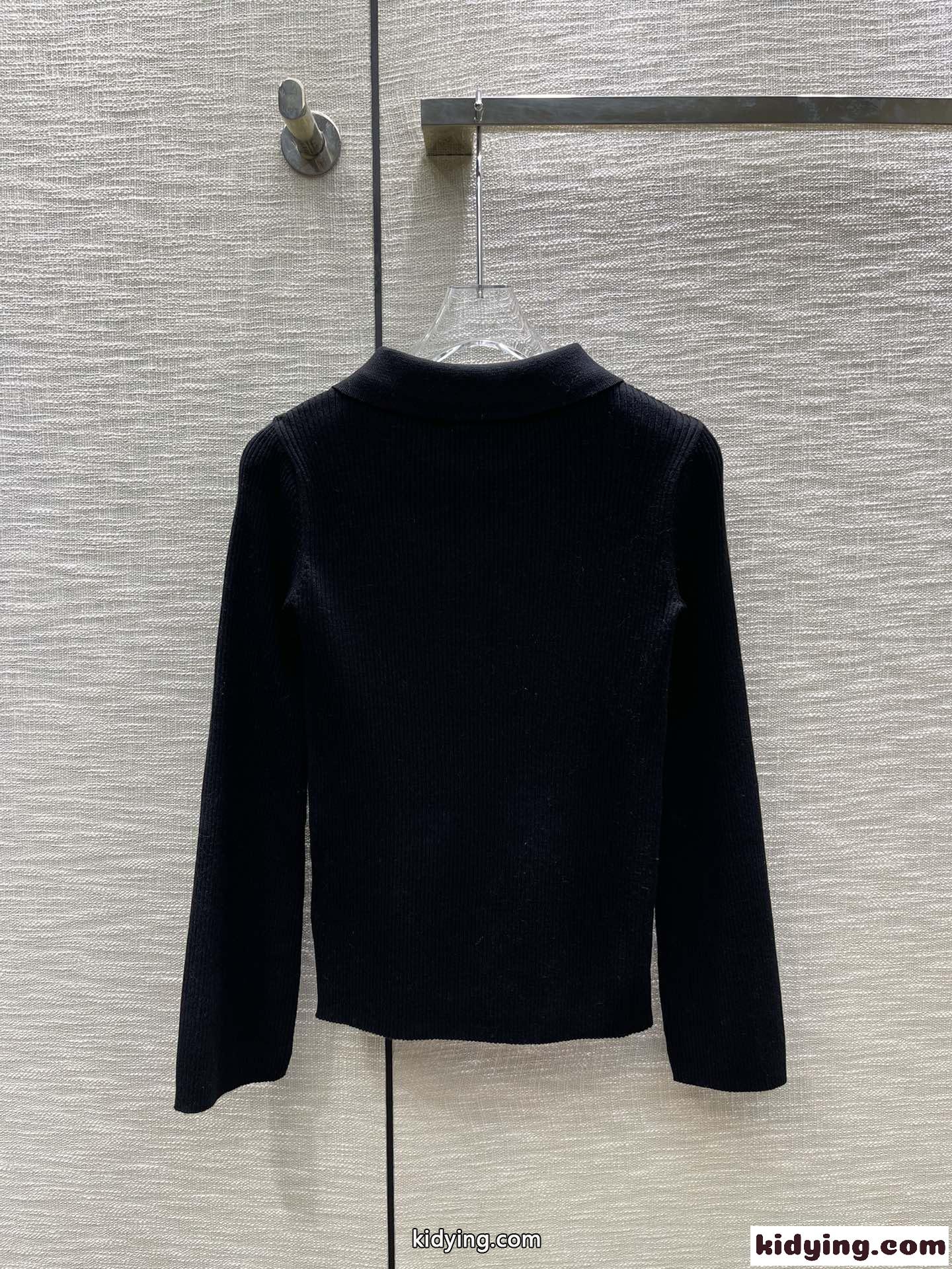 シンプル ロゴ刺繍 リブニット ポロ イヴ・サンローラン セーター コピー ブラック-4