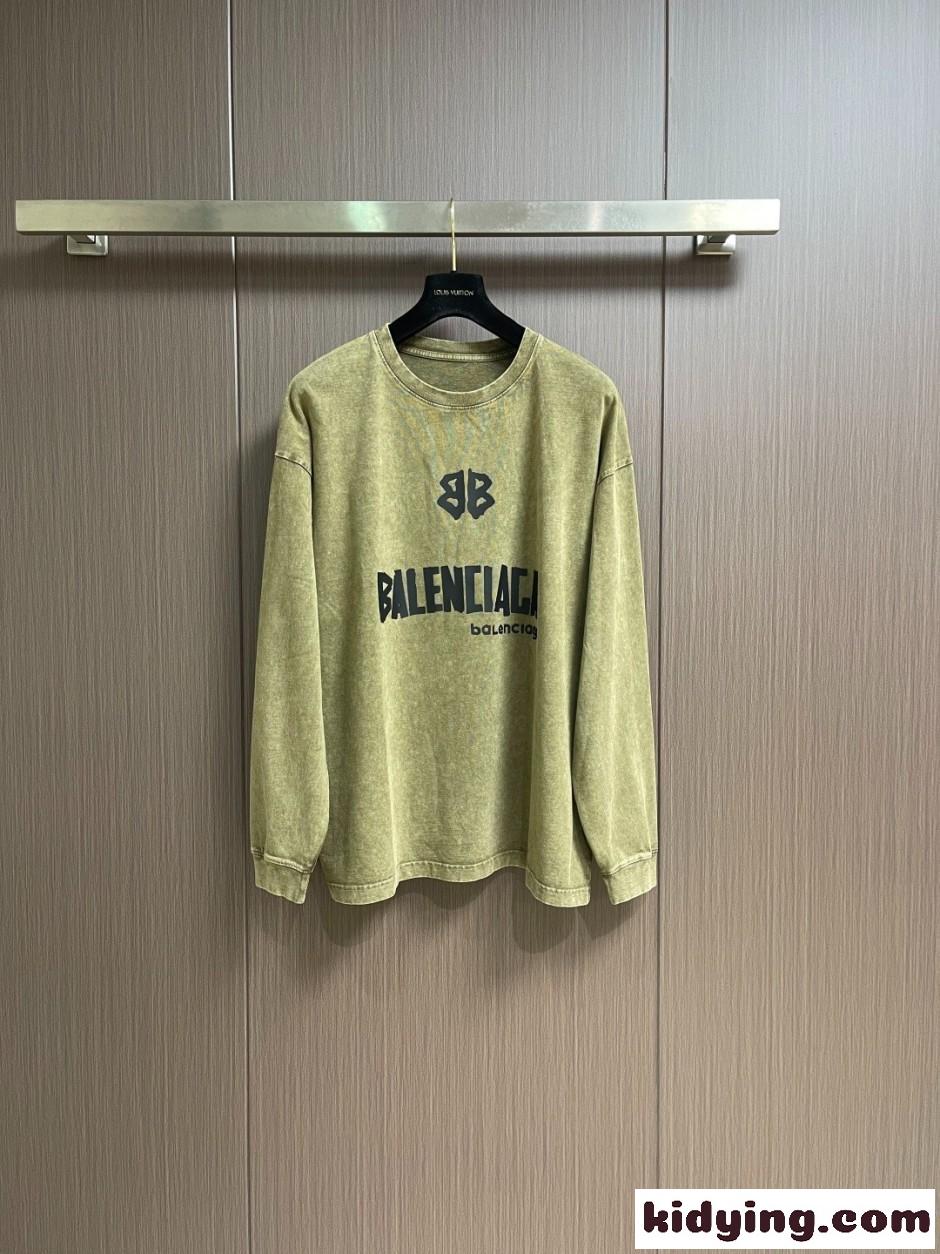 バレンシアガ Tシャツ 偽物 カジュアル ロゴ入り 長袖Tシャツ コットン グリーン-0