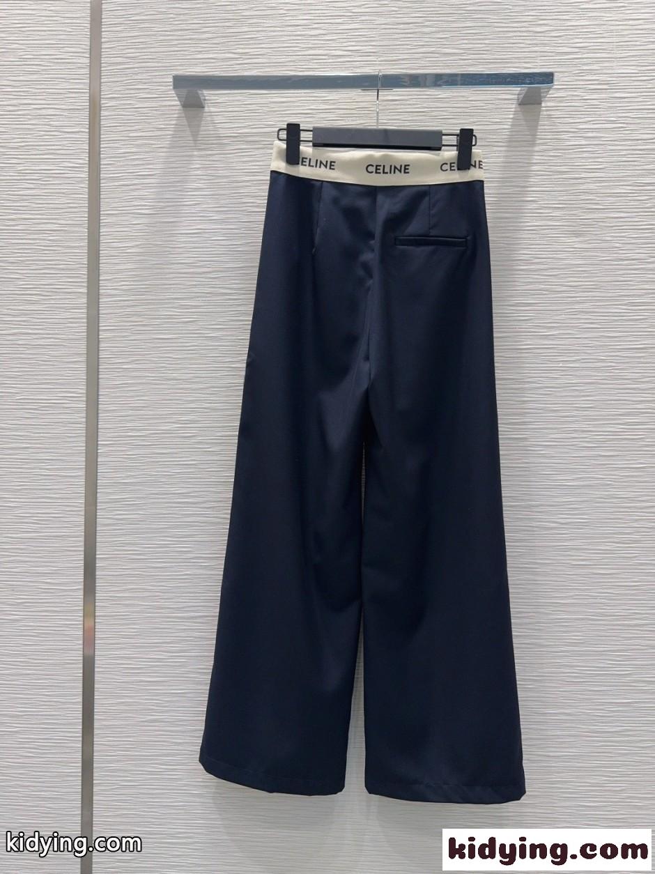 セリーヌ パンツ 偽物 おしゃれ ロゴウエスト ワイドパンツ ネイビー-4