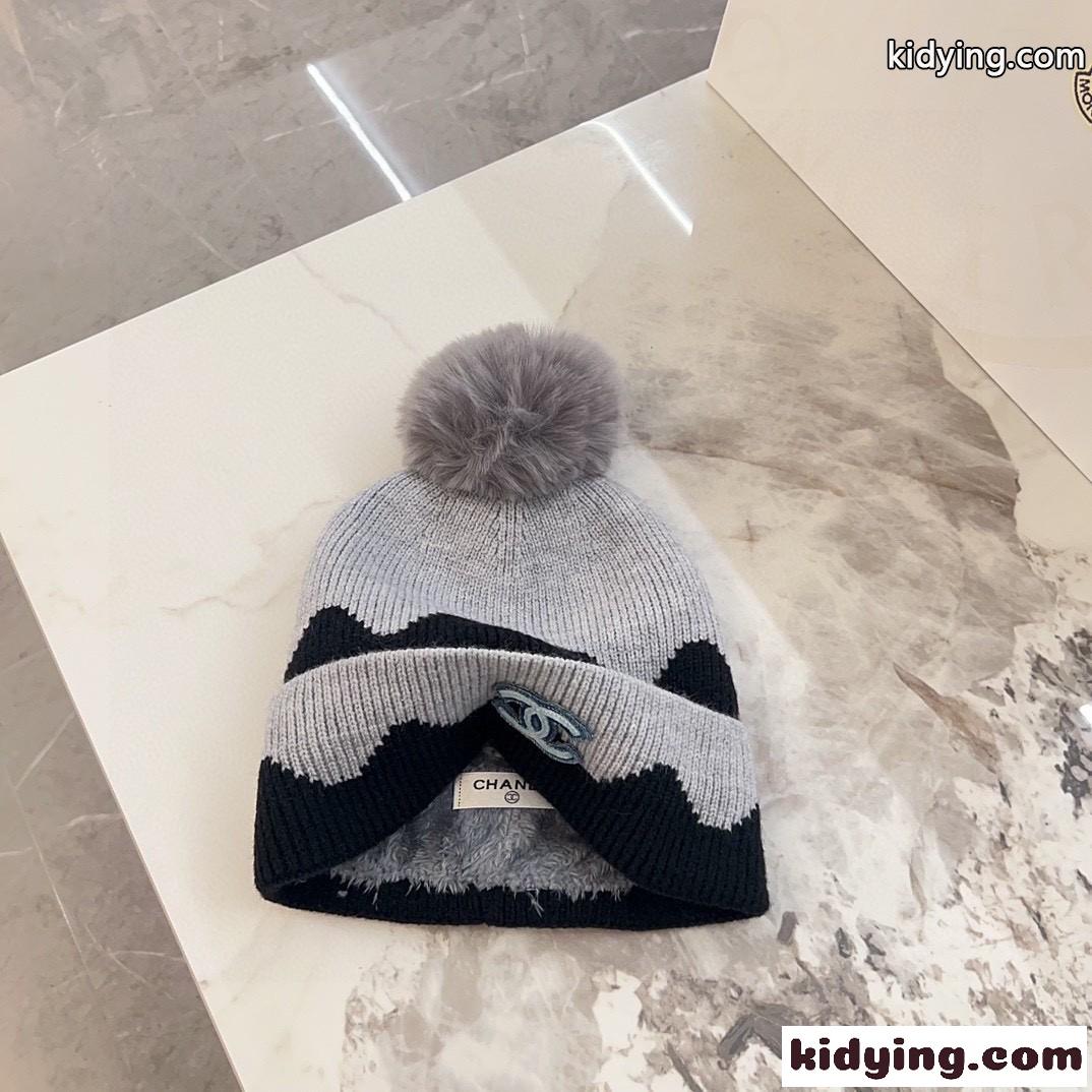秋冬 配色 ボンボン付き ニットキャップ シャネル キャップ 偽物 裏起毛-3
