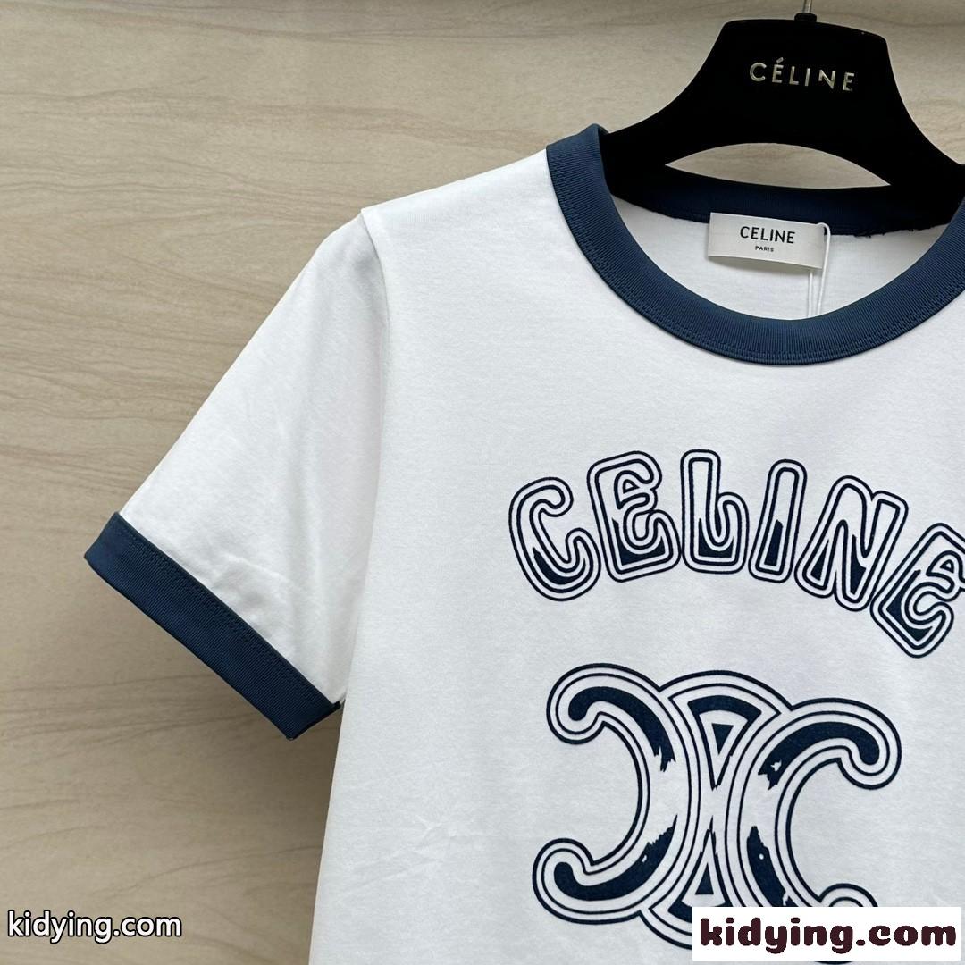 定番 人気 ロゴ クルーネック 半袖Tシャツ セリーヌ Tシャツ コピー ホワイト-0