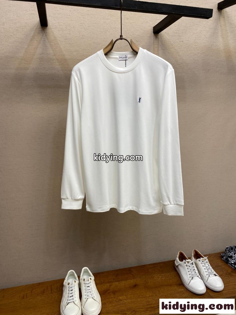 洗練された YSLロゴ 長袖Tシャツ イヴ・サンローラン Tシャツ 偽物 ホワイト-0