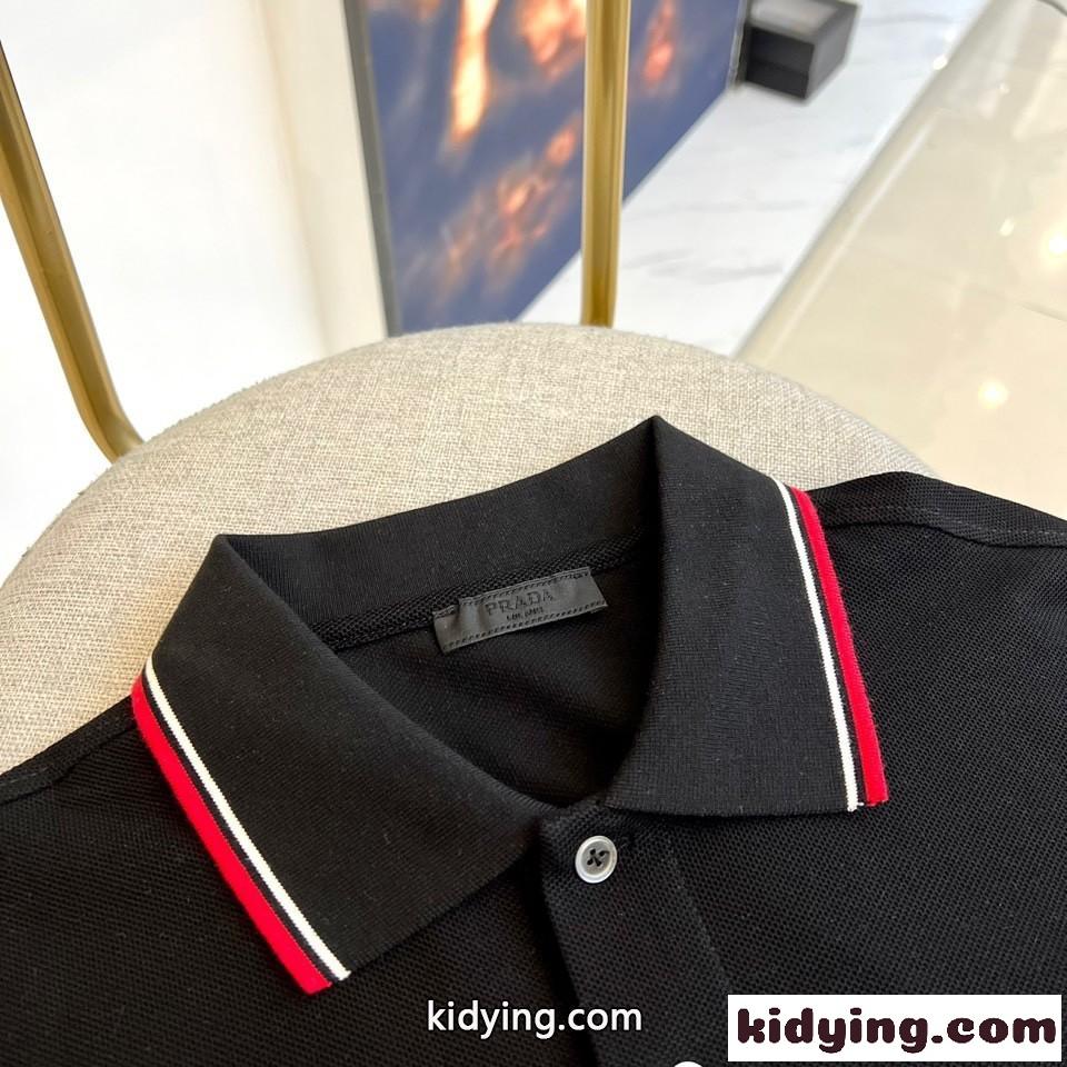 プラダ 半袖Tシャツ コピー トライアングルロゴ付 コットンピケ ポロシャツ ブラック-2