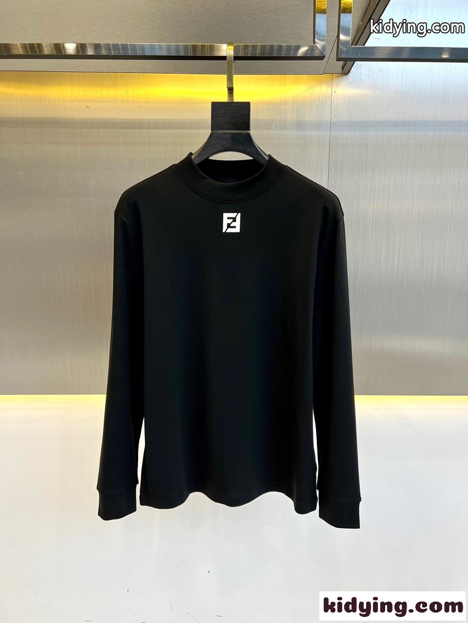 シンプル ロゴ 裏起毛 コットン 長袖Tシャツ フェンディ Tシャツ コピー ブラック-0