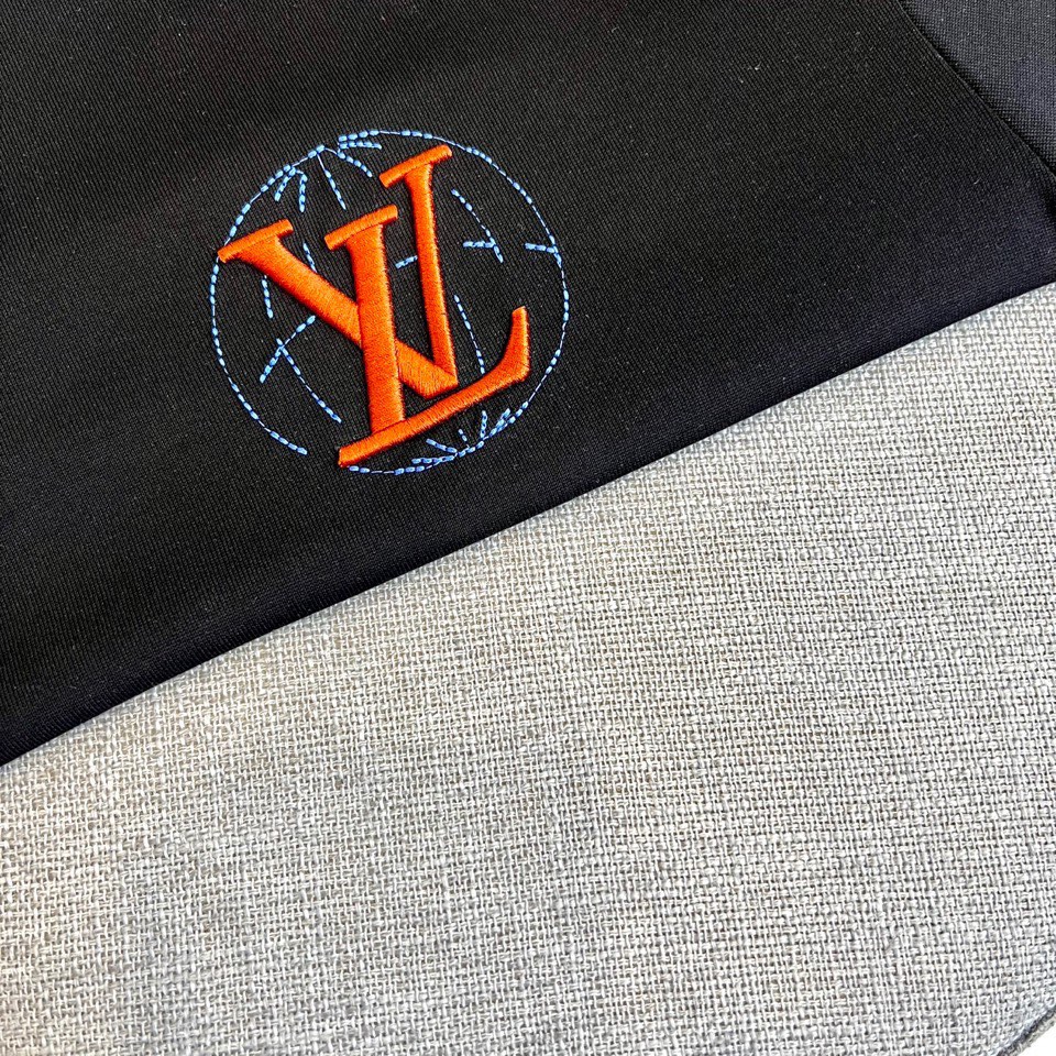 洗練された ロゴ刺繍 クルーネック ルイ・ヴィトン Tシャツ 偽物 コットン ブラック-2