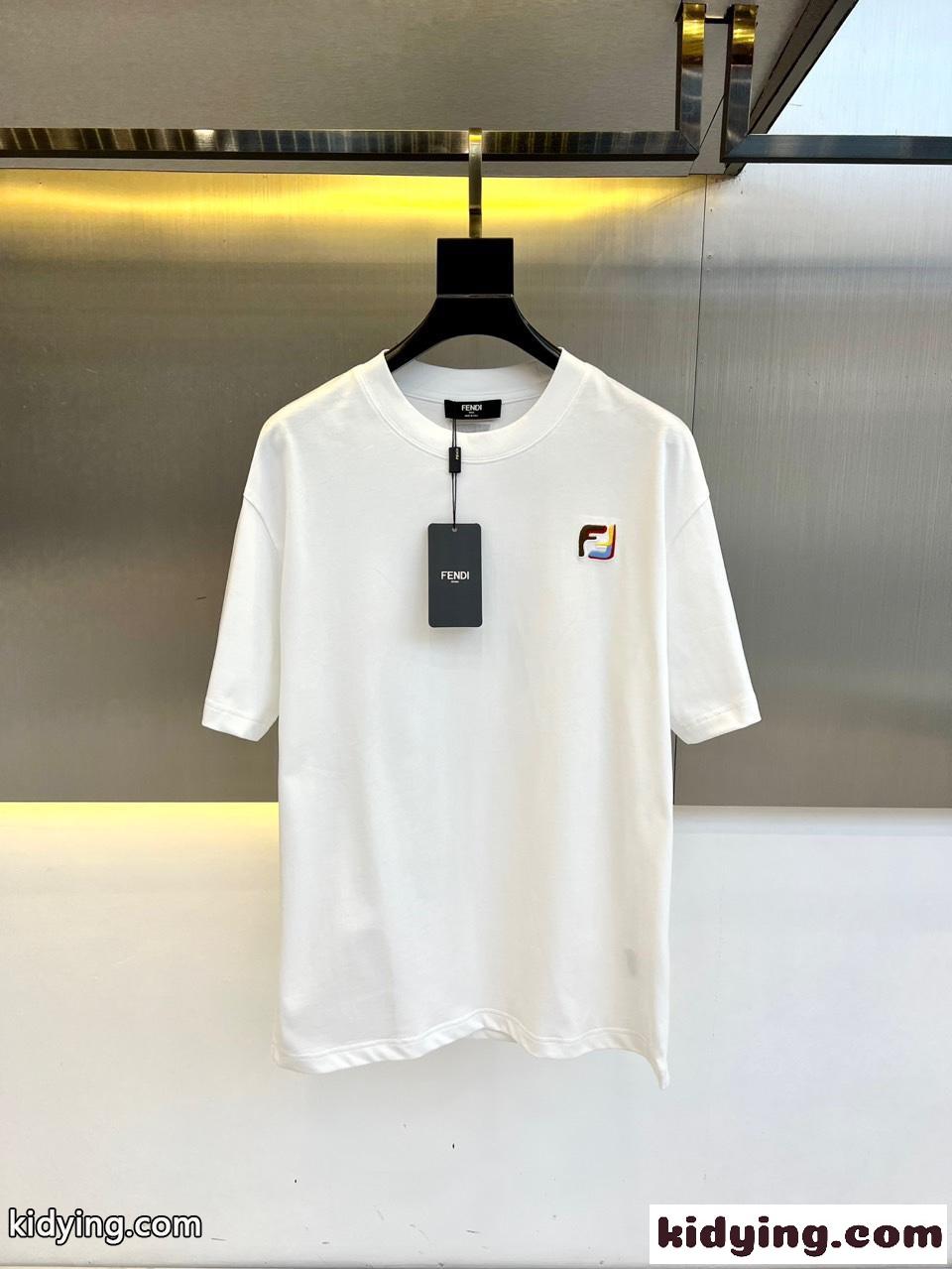 シンプル ロゴ刺繍 コットン 半袖Tシャツ フェンディ Tシャツ 偽物 ホワイト-0