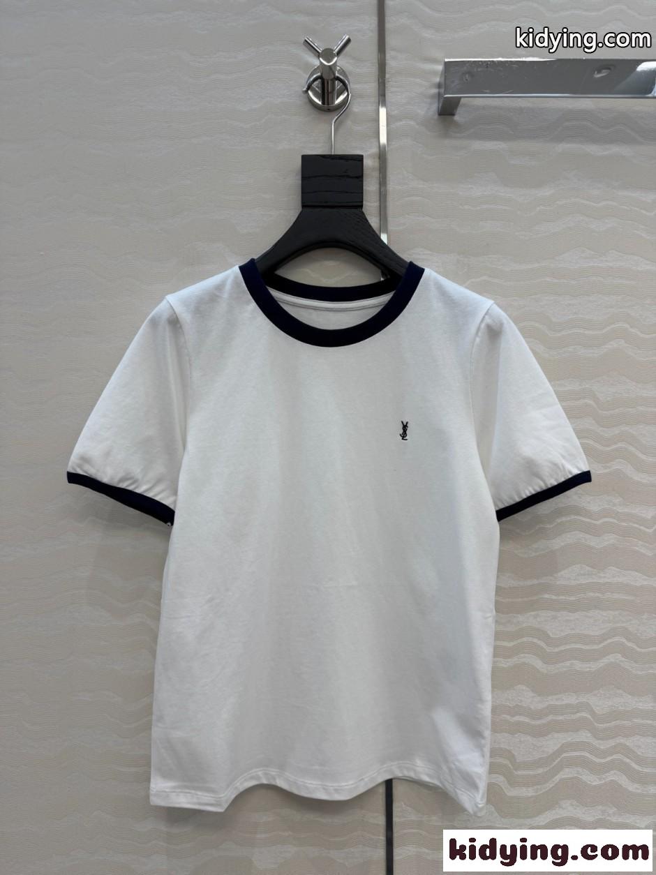 おしゃれ 配色 リンガーTシャツ イヴ・サンローラン Tシャツ コピー ホワイト-0