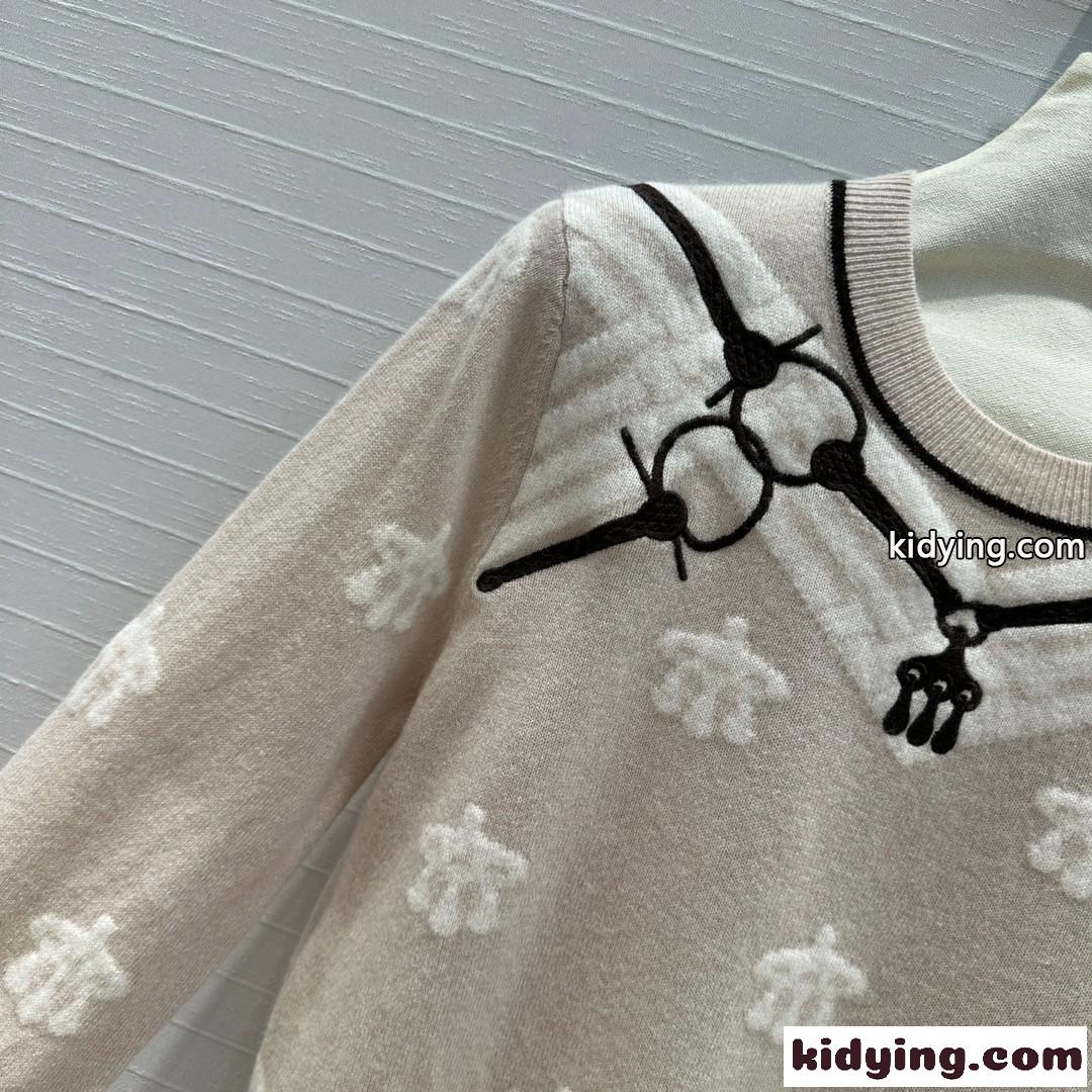 馬銜 刺繍入り ウール＆カシミヤ ニット エルメス セーター コピー ベージュ-1